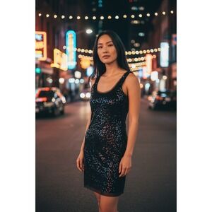 Max Studio Mini Dress Womens S  Black Sequin Sparklecore Goth Glitter Dark Fairy